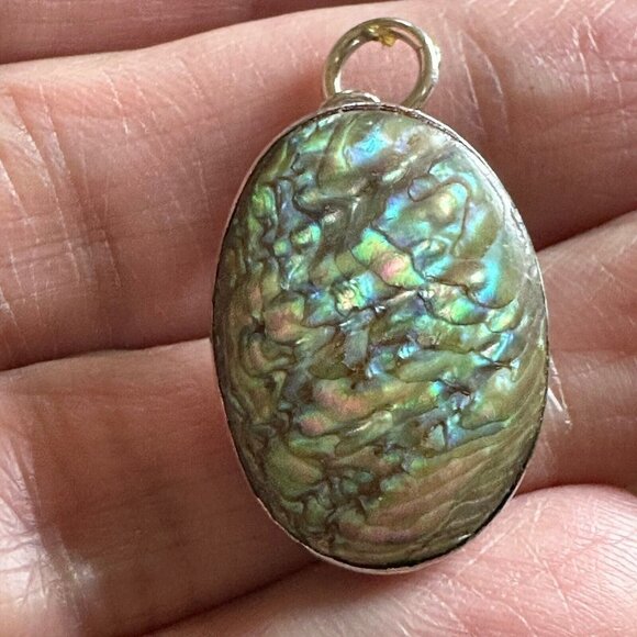 VTG Pendant Charm 1" Natural Abalone Shell Cab Oval 925‎ Sterling Silver 3.3g - Picture 1 of 5